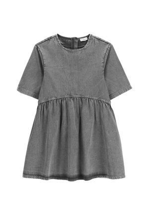 Sukienka z krótkim rękawem w kolorze grafitowym, wykonana z denimu, z okrągłym dekoltem i marszczoną talią, zaprojektowana na co dzień.