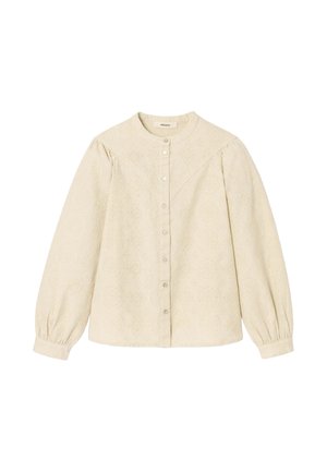 Blouse à manches longues couleur crème avec encolure ronde, devant boutonné, motifs floraux en œillets subtils et poignets froncés.