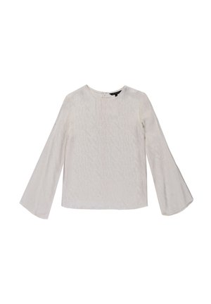 Blusa bianca a maniche lunghe con scollatura rotonda e maniche svasate, caratterizzata da un motivo testuale in rilievo su tutta la superficie del tessuto.