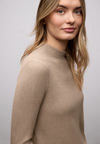Pull beige en maille côtelée avec un col montant ; présente une coupe slim et une texture douce. Le tissu a un éclat subtil et des détails de coutures délicates.