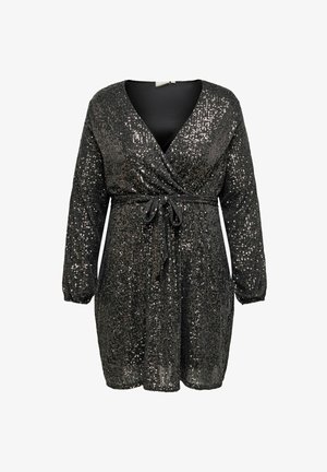 Vestido negro ceñido cubierto de lentejuelas, con escote en V, mangas largas, cinta en la cintura y dos bolsillos laterales. El brillo y la textura realzan el diseño.