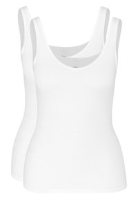 Two white, sleeveless tank tops with a scoop neckline. Made of smooth fabric, featuring a fitted shape and no visible patterns or accents.