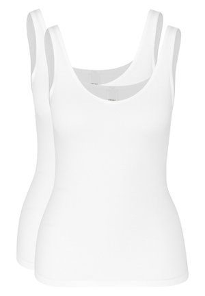 Zwei weiße, ärmellose Tanktops mit einem runden Halsausschnitt. Aus glattem Stoff gefertigt, mit einer taillierten Form und ohne sichtbare Muster oder Akzente.