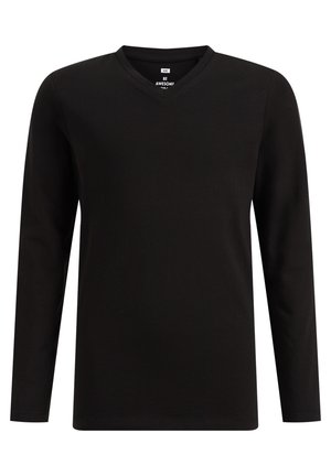 Camisa negra de manga larga con cuello en V, hecha de una suave tela de algodón. Presenta un diseño sencillo, sin patrones ni acentos.