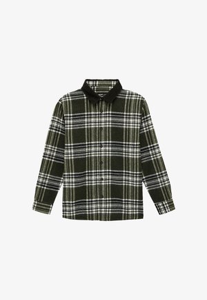 Long-sleeve button-up shirt with black, white, and green plaid pattern and solid black collar.