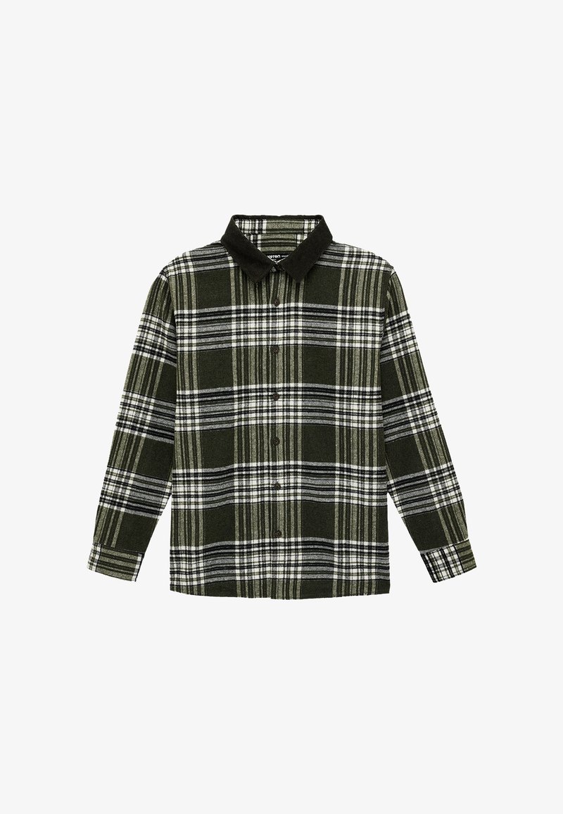 Chemise à manches longues à boutons avec motif à carreaux noir, blanc et vert, et col uni noir.