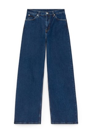 Wide-leg jeans in dark blue denim with a textured surface, featuring front pockets and a button closure at the waist.