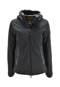 Giacca nera con cappuccio e zip frontale, due tasche laterali con zip e colletto interno imbottito.