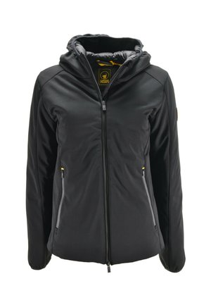 Giacca nera con cappuccio e zip frontale, due tasche laterali con zip e colletto interno imbottito.