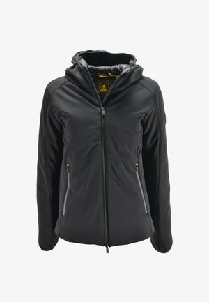 Giacca nera con cappuccio e zip frontale, due tasche laterali con zip e colletto interno imbottito.