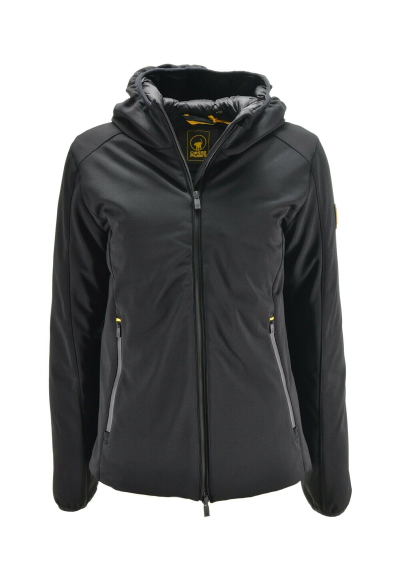 Giacca nera con cappuccio e zip frontale, due tasche laterali con zip e colletto interno imbottito.