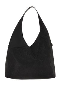 Sort skuldertaske med en buet silhuet. Lavet af blødt stof med en perforeret tekstur. Har en bred rem og en stor lomme.