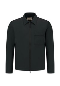 Giacca nera realizzata in tessuto liscio, con colletto, zip frontale a tutta lunghezza e una tasca sul petto. Design semplice e moderno.