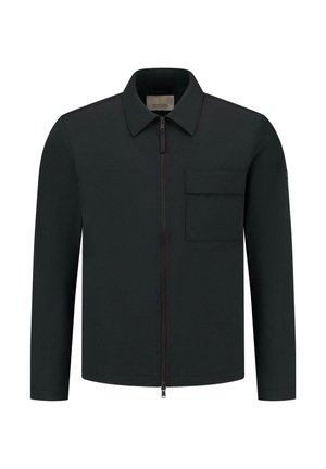 Jachetă neagră dintr-un material neted, cu guler, fermoar pe toată lungimea frontală și un singur buzunar pe piept. Design simplu și modern.