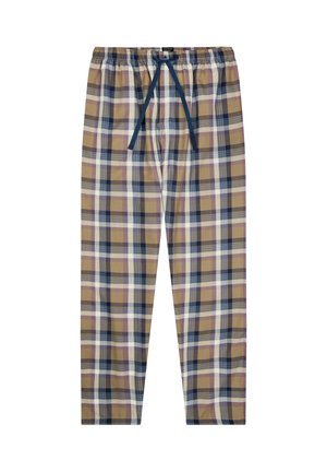 Cotton plaid lounge pants in beige, navy, and purple, featuring an elastic waistband with a drawstring and a relaxed fit.