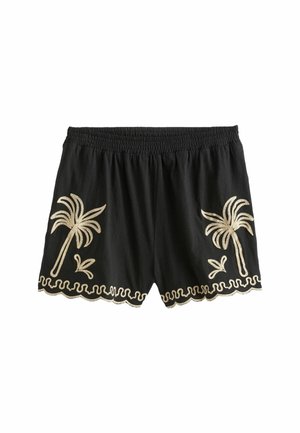 Sorte shorts med elastisk talje med beige palme træ broderi på hvert ben og bølget kant med bølgeagtige detaljer.