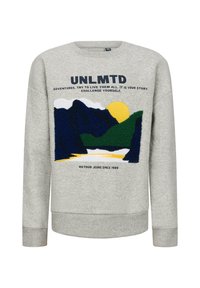 Felpa grigia con un grafico testurizzato di montagne e sole, con testo "UNLMTD". Maniche e orlo a coste per una vestibilità migliore.