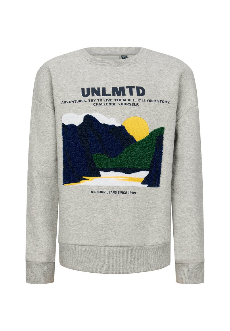 Felpa grigia con un grafico testurizzato di montagne e sole, con testo "UNLMTD". Maniche e orlo a coste per una vestibilità migliore.