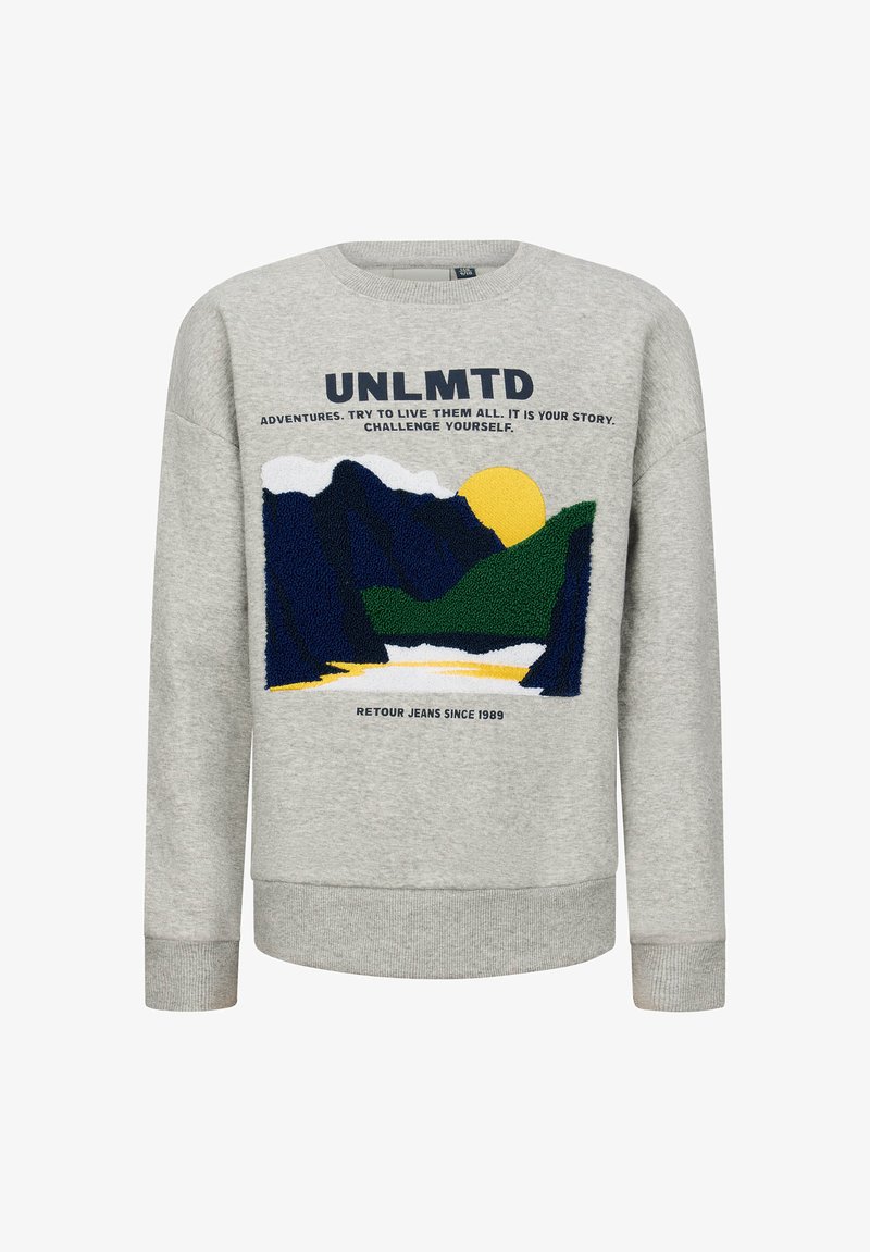 Felpa grigia con un grafico testurizzato di montagne e sole, con testo "UNLMTD". Maniche e orlo a coste per una vestibilità migliore.