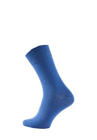 Blauer Baumwollsocken mit einem gerippten Bündchen, mittellangem Design, glatter Textur und einheitlicher Farbe, ausgestattet mit einer verstärkten Zehen- und Ferse.