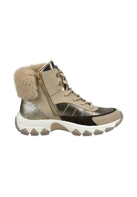 Beige a metalicky zlaté zimní boty s kožešinovým okrajem, šněrováním vpředu, bočním zipem a silnou bílou podrážkou s hlubokými drážkami pro lepší přilnavost.