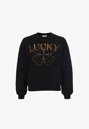 Zwarte sweatshirt met "LUCKY" in gouden borduursel, voorzien van een bloemenontwerp. Lange mouwen, geribbelde manchetten en zoom. Zacht, katoenen materiaal.