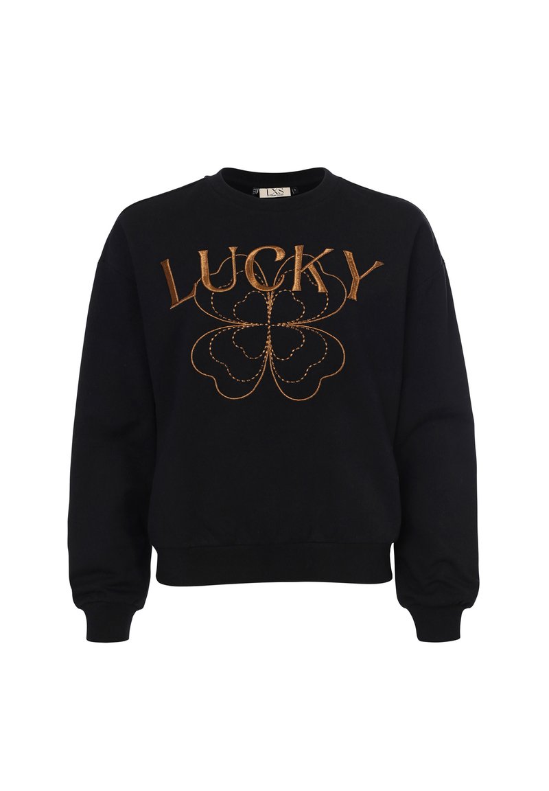 Zwarte sweatshirt met "LUCKY" in gouden borduursel, voorzien van een bloemenontwerp. Lange mouwen, geribbelde manchetten en zoom. Zacht, katoenen materiaal.