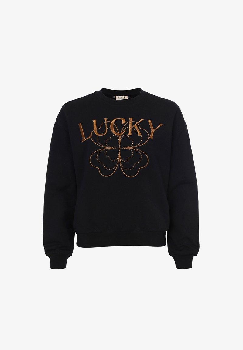 Zwarte sweatshirt met "LUCKY" in gouden borduursel, voorzien van een bloemenontwerp. Lange mouwen, geribbelde manchetten en zoom. Zacht, katoenen materiaal.