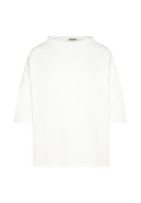 White oversized T-shirt with textured fabric, boat neckline, and cropped sleeves. Straight hem, minimal detailing, and relaxed fit.