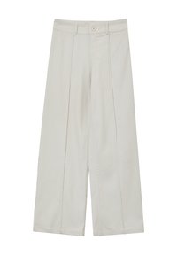 Pantaloni a gamba larga di colore chiaro realizzati in tessuto testurizzato. Presentano una chiusura con bottone e strisce verticali. Taglio dritto senza tasche.