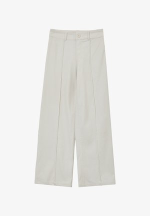 Helle, weite Hosen aus strukturiertem Stoff. Verfügt über einen Knopfverschluss und vertikale Streifen. Gerader Schnitt ohne Taschen.