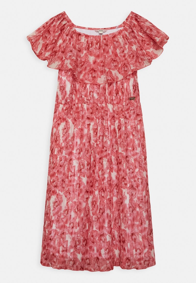 Robe midi fleurie rose et blanche, épaules dénudées, avec un col à volants et une texture plissée, ornée d'une petite étiquette métallique de la marque au niveau de la taille.