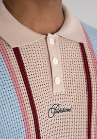 Knit polo shirt featuring a beige collar, four buttons, perforated texture, and stripes in red, pink, and light blue with "Prohibited" embroidery.