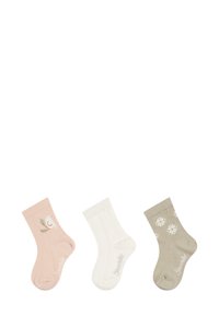 Drei Paar Socken: hellrosa mit Vogelmotiv, weiß mit Kabelstrickmuster und olivgrün mit Schneeflockenmotiv.