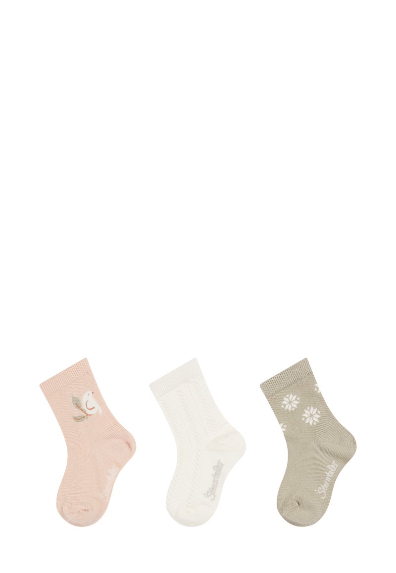 Drei Paar Socken: hellrosa mit Vogelmotiv, weiß mit Kabelstrickmuster und olivgrün mit Schneeflockenmotiv.