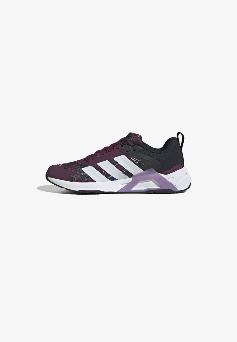 Sneaker con una parte superiore nera, accenti viola e una punta con motivo multicolore. Presenta tre strisce bianche e una suola imbottita.