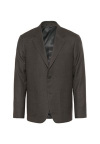 Dark gray wool blazer with a notched lapel, single button closure, two front pockets, and a smooth inner lining.