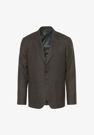 Blazer de lana gris oscuro con solapa muesca, cierre de un solo botón, dos bolsillos frontales y un forro interior suave.
