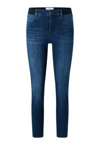 Denim-Jeans mit einer dunkelblauen Waschung, slim fit, vier Taschen und einem schwarzen Bund. Der Stoff zeigt eine leichte Textur mit minimalem Verblassen.