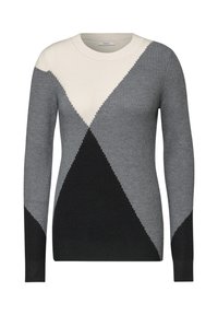 Grauer, schwarzer und cremefarbener Pullover mit gerippter Textur. Verfügt über geometrische Muster und einen Rundhalsausschnitt. Lange Ärmel, figurbetonender Stil.