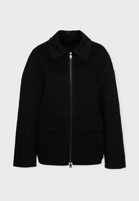 Sort uldblandingsjakke med krave, frontlynlås og to forlommer. Den har en løs pasform og et minimalistisk design.