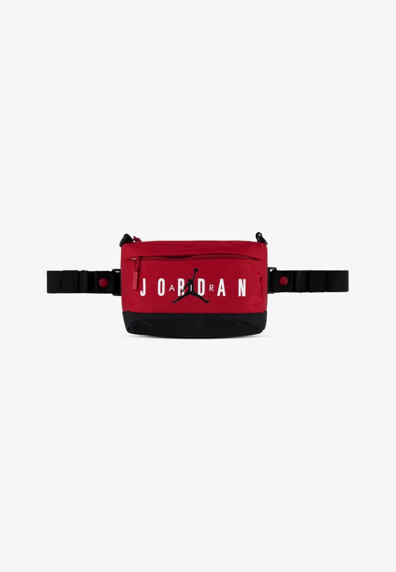 Marsupio rosso e nero in tessuto, con chiusura con zip, cintura regolabile e grande logo "JORDAN" con emblema.