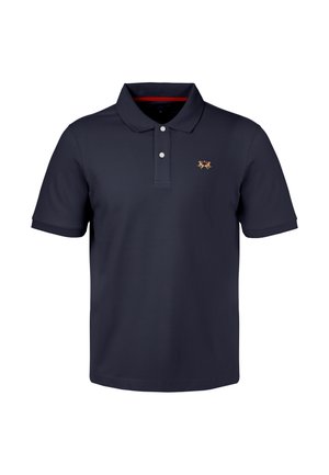 Kortærmet mørk marineblå poloshirt med to hvide knapper og et lille gult broderet logo på venstre bryst.