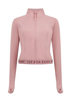 Roze sportjasje met een hoge kraag, ritssluiting aan de voorkant en lange mouwen. Heeft een contrasterende tailleband met de tekst "TED BAKER SPORT". Glad textuur.