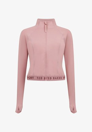 Rózsaszín sportdzseki magas gallérral, elülső cipzárral és hosszú ujjakkal. Kontrasztos derékpánttal van ellátva, amelyen a "TED BAKER SPORT" felirat található. Sima textúrájú.