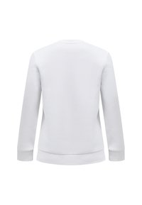 Felpa bianca con maniche lunghe, colletto a girocollo e polsini e orlo a costine. Texture liscia con un design semplice e privo di decorazioni.