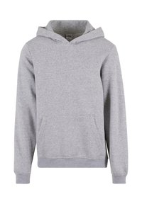 Sudadera gris hecha de una mezcla de algodón, con un bolsillo canguro en el frente, mangas largas y capucha con cordón. Textura suave y corte relajado.