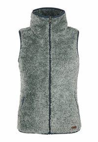 Fleecová vesta s vysokým golierom, svetlo šedá farba, jemná textúra, predný zips a bočné vrecká, s kontrastným tmavým lemovaním.