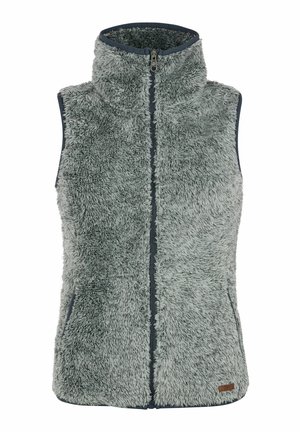 Fleece-Weste mit hohem Kragen, hellgraue Farbe, weiche Textur, Frontreißverschluss und seitliche Taschen, ausgestattet mit einem kontrastierenden dunklen Besatz.