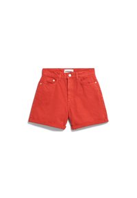 Shorts en denim rouge courts avec ourlets roulés, bouton à l'avant, fermeture éclair, passants de ceinture et un design à cinq poches.